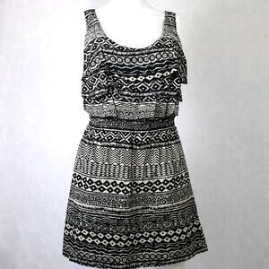 Xhilaration Boho Black & Cream Smocked Waist Mini Dress M - Aztec Print